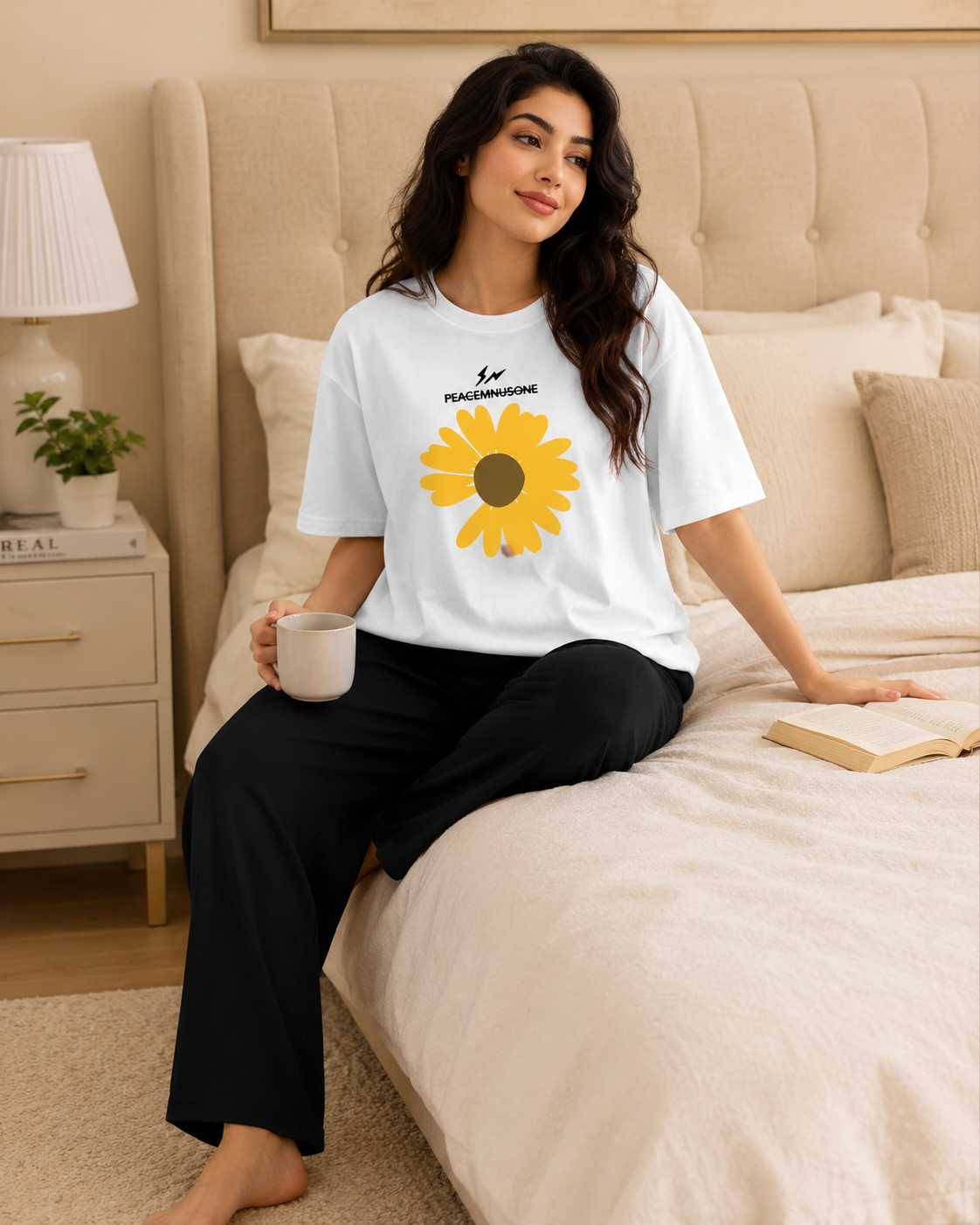 Yellow Sunflower Printed White T-shirt and Black Pajama Night Suit