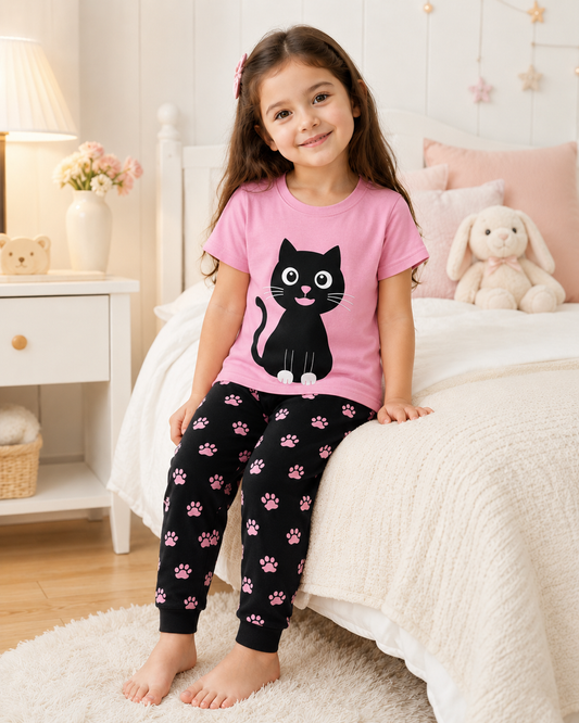 Big Black Cat Printed Kids Nightwear