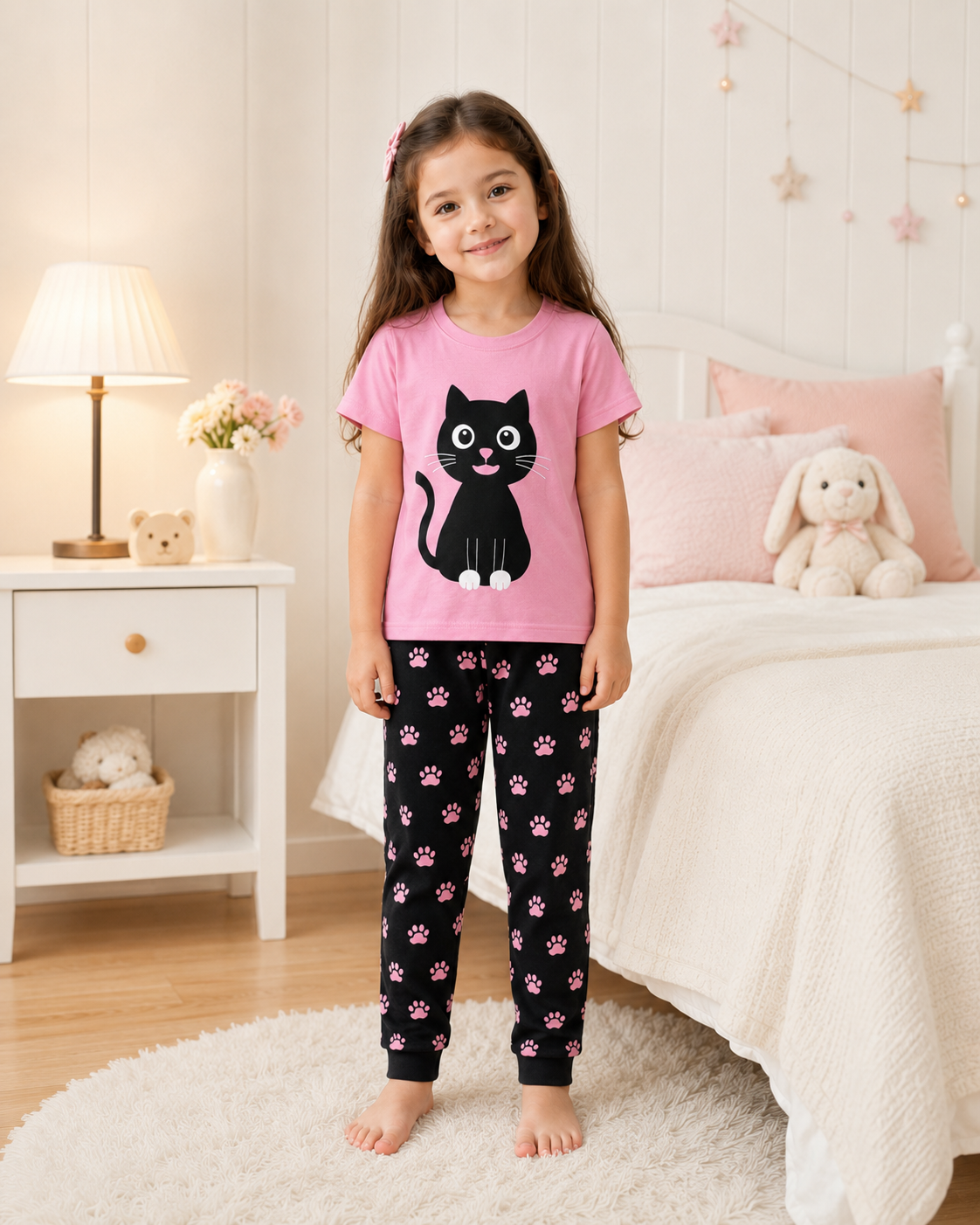Big Black Cat Printed Kids Nightwear