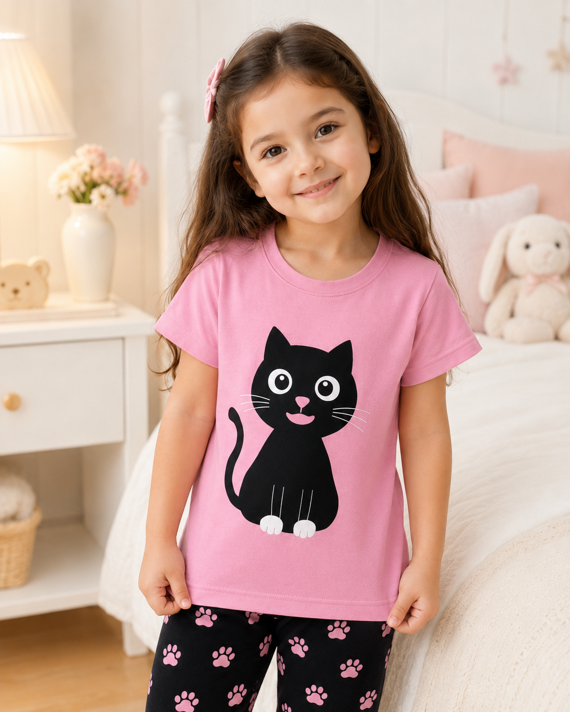 Big Black Cat Printed Kids Nightwear