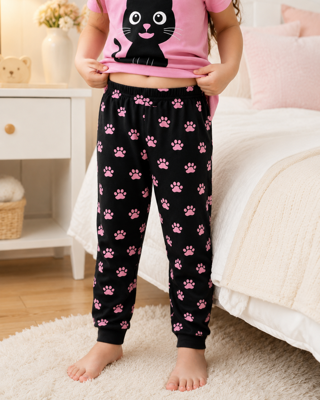 Big Black Cat Printed Kids Nightwear