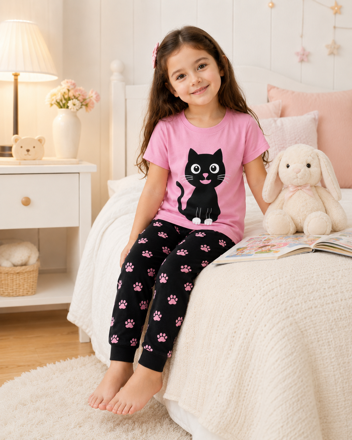 Big Black Cat Printed Kids Nightwear