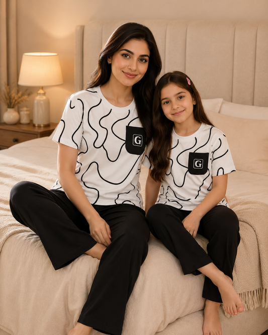 Mom & Daughter Matching Cotton Night Suit – Black Pocket