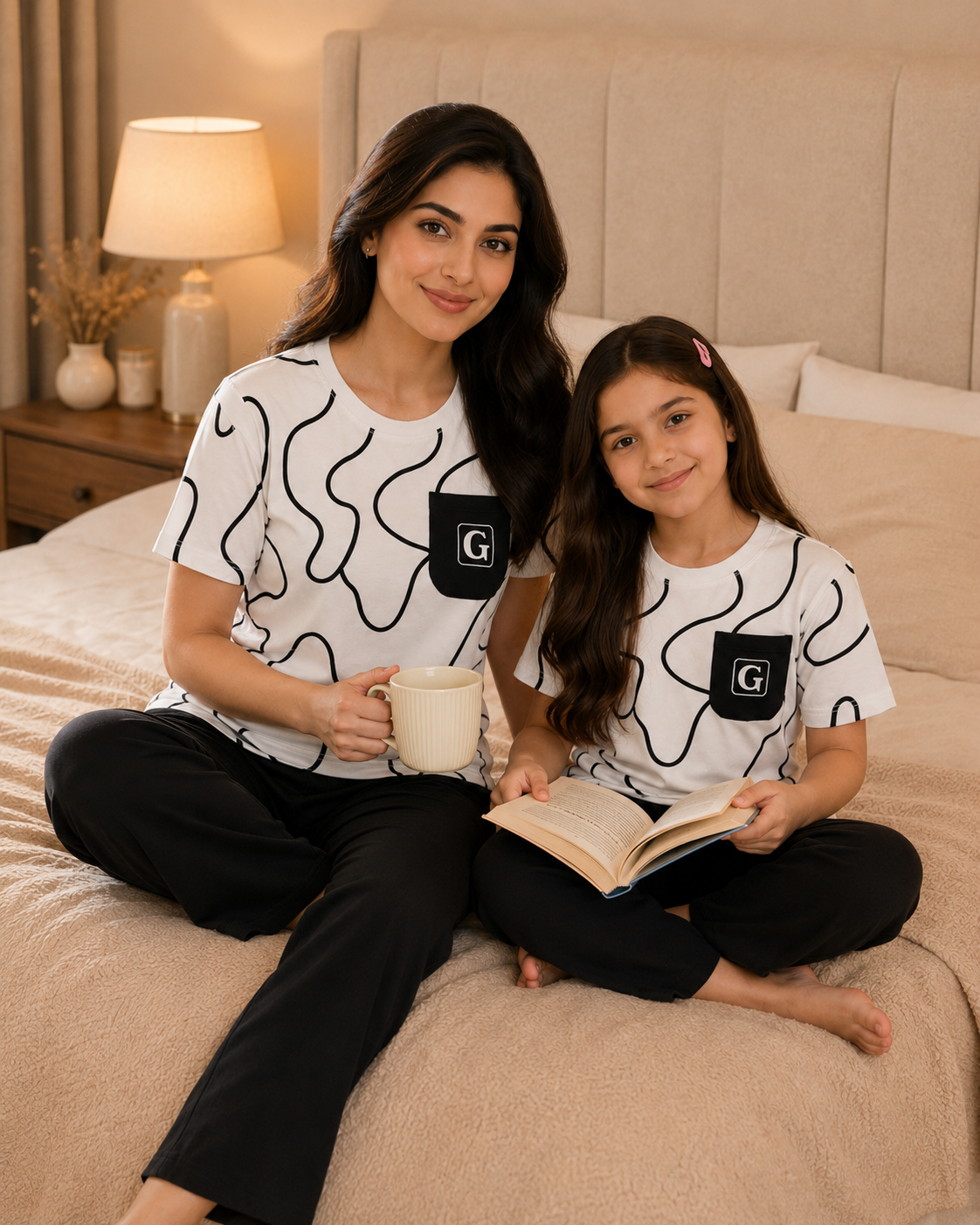 Mom & Daughter Matching Cotton Night Suit – Black Pocket