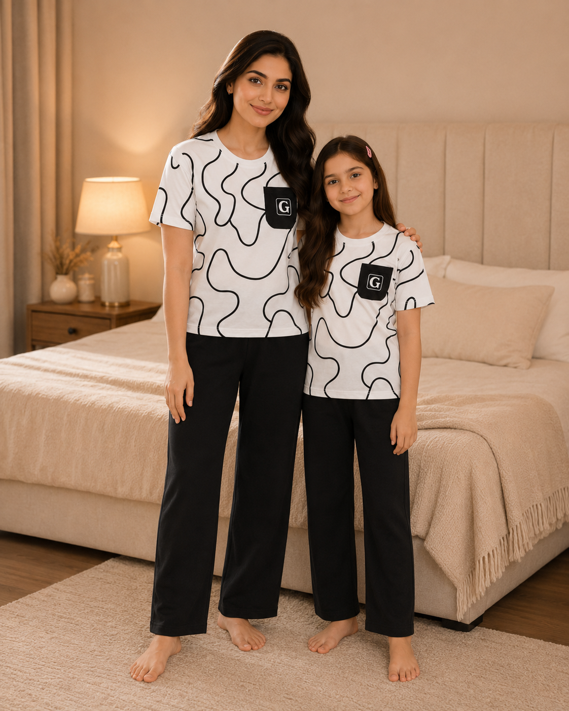 Mom & Daughter Matching Cotton Night Suit – Black Pocket