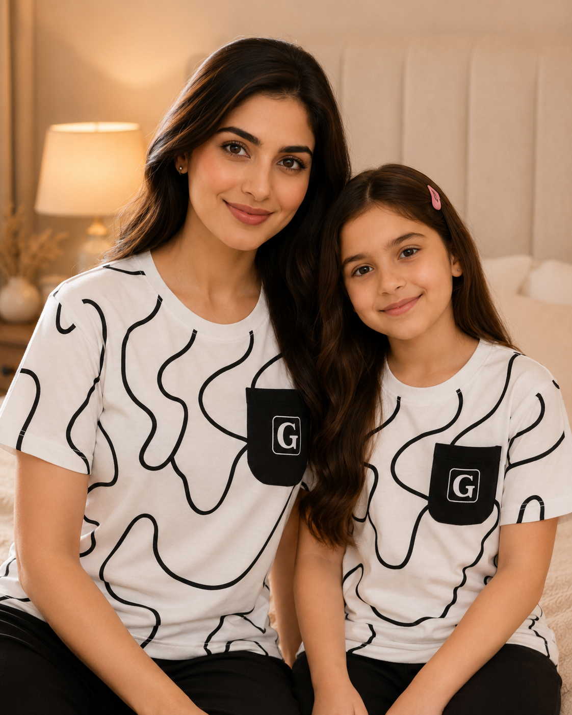 Mom & Daughter Matching Cotton Night Suit – Black Pocket