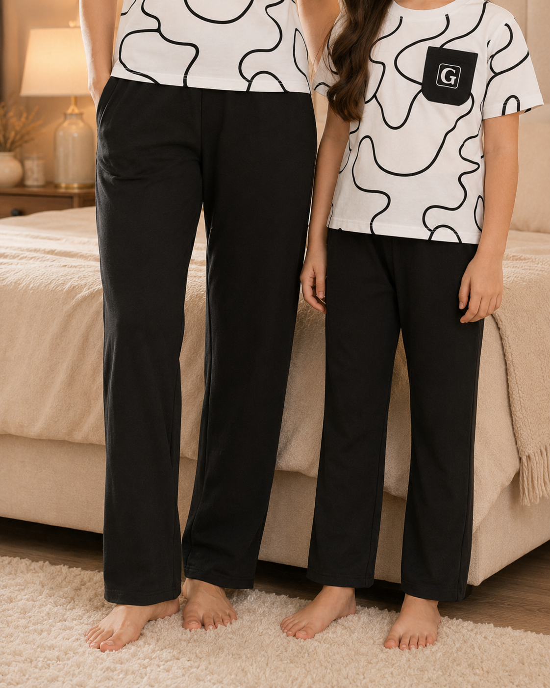 Mom & Daughter Matching Cotton Night Suit – Black Pocket