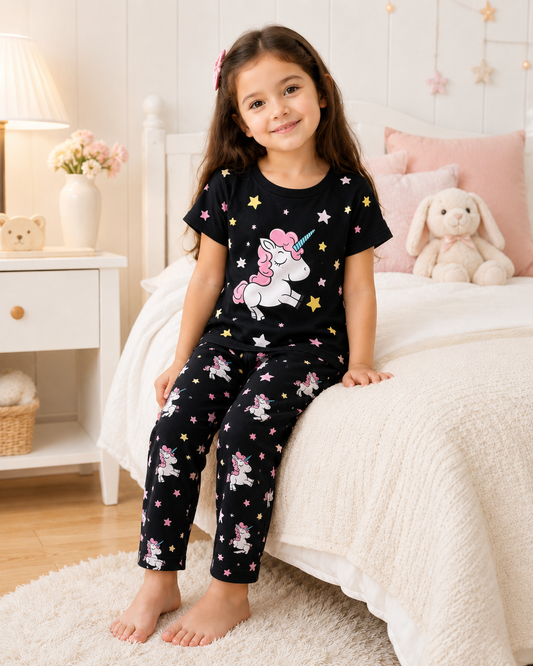 Black Unicorn Printed Kids Nightwear