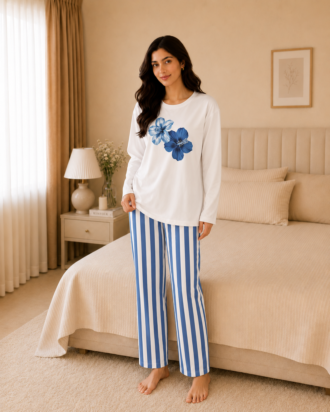 Blue Flower Full Sleeve Night Suit for women