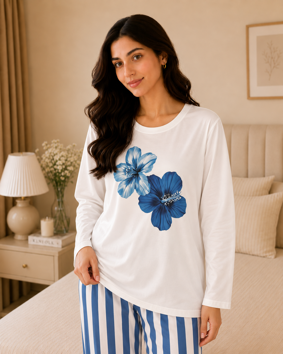 Blue Flower Full Sleeve Night Suit for women