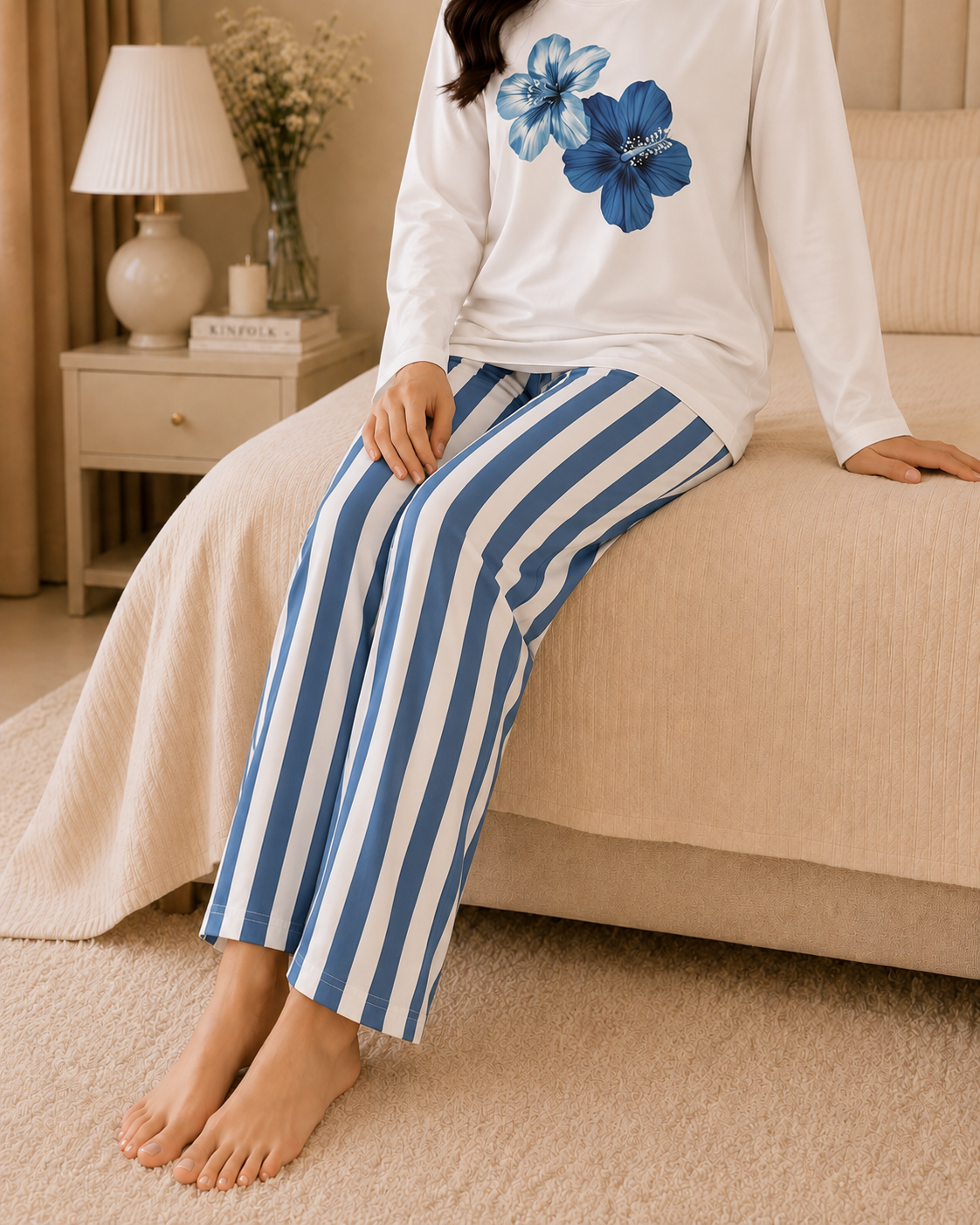 Blue Flower Full Sleeve Night Suit for women