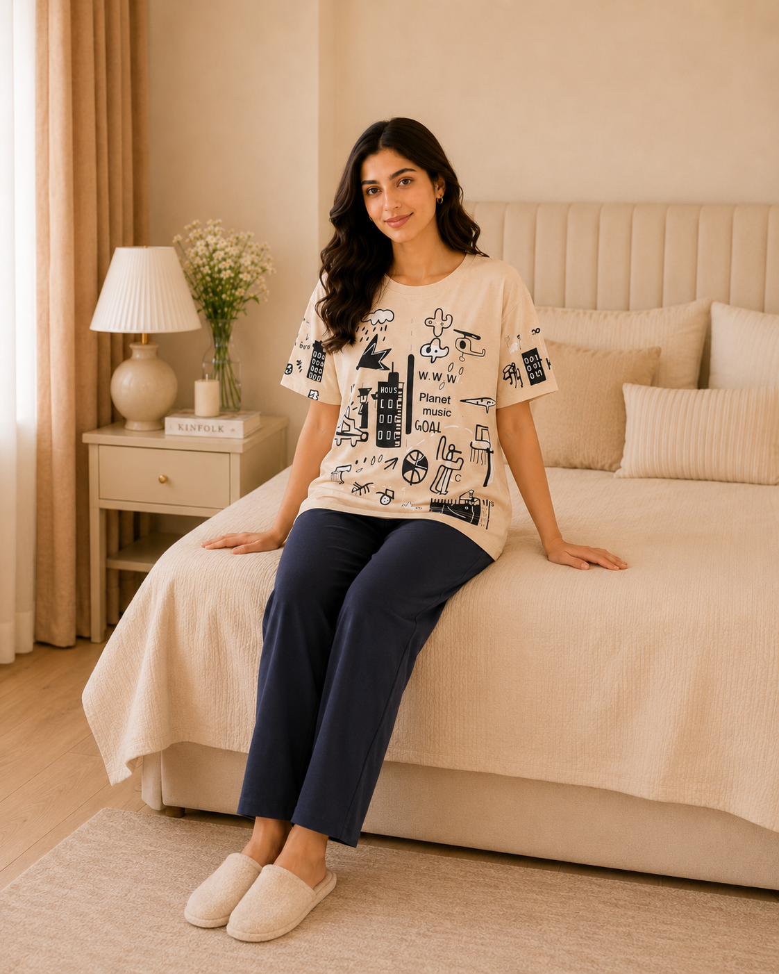 Brown Planet Printed Night Suit