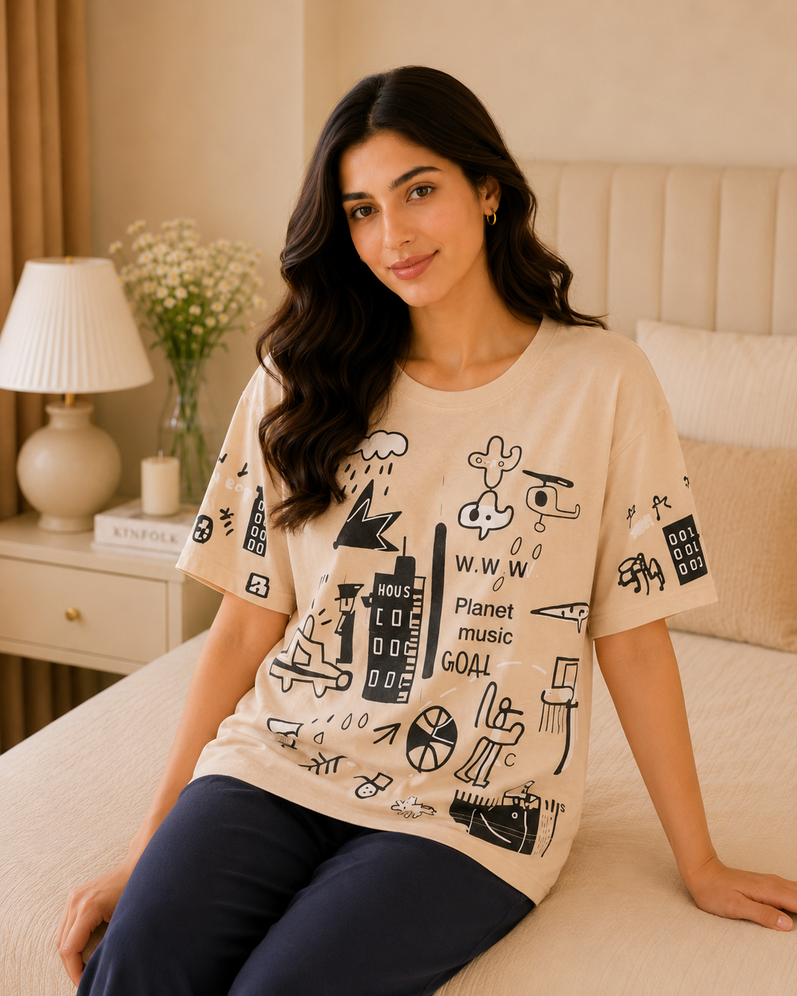 Brown Planet Printed Night Suit