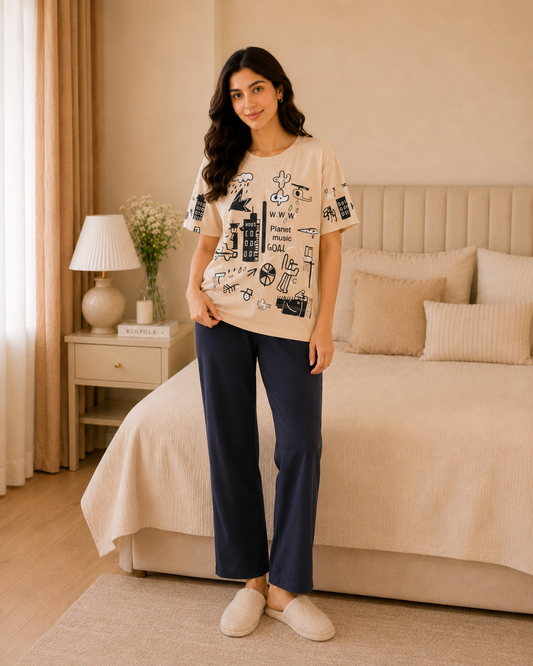 Brown Planet Printed Night Suit