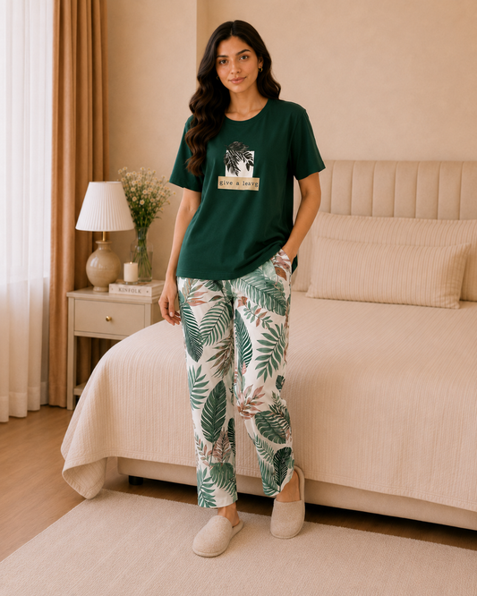 Green Leaf Printed Night Suit