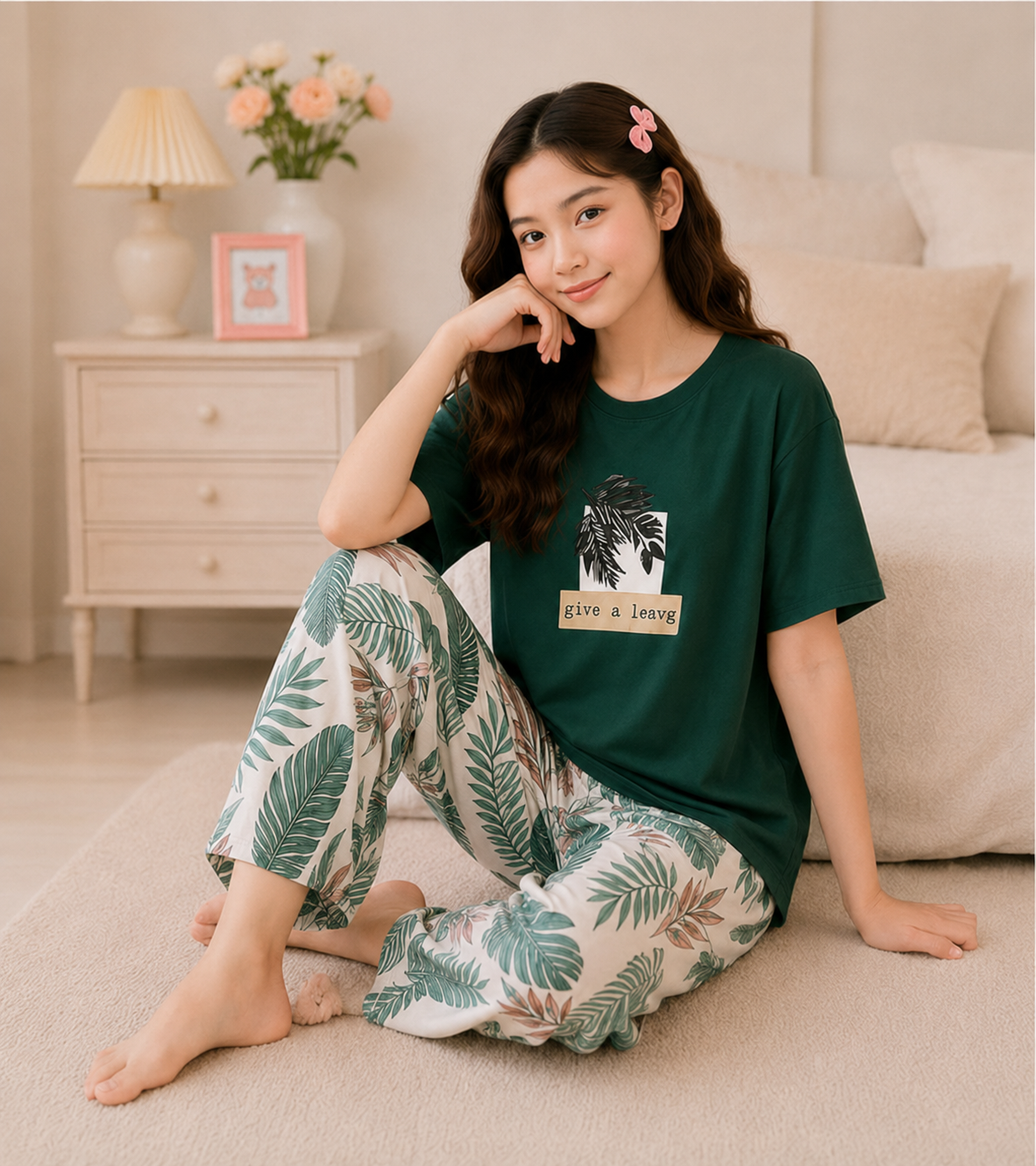 Green Leaf  Girls Night Suit