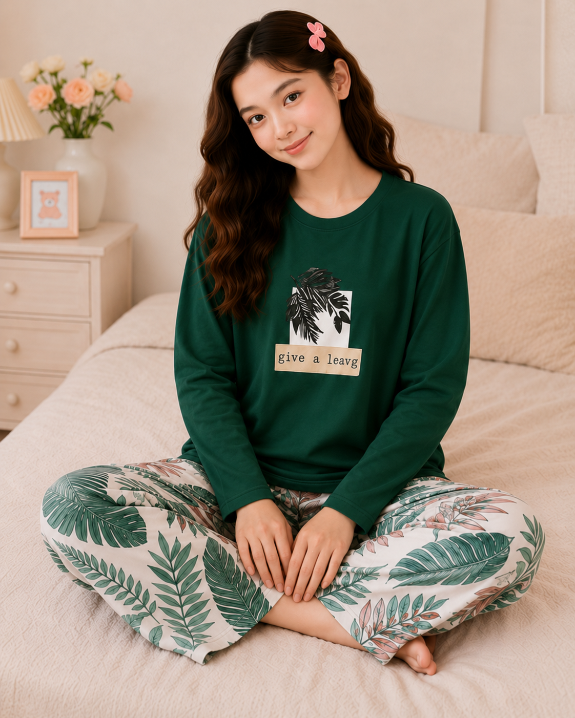 Green Leaf  Full Sleeve Night Suit for Girls