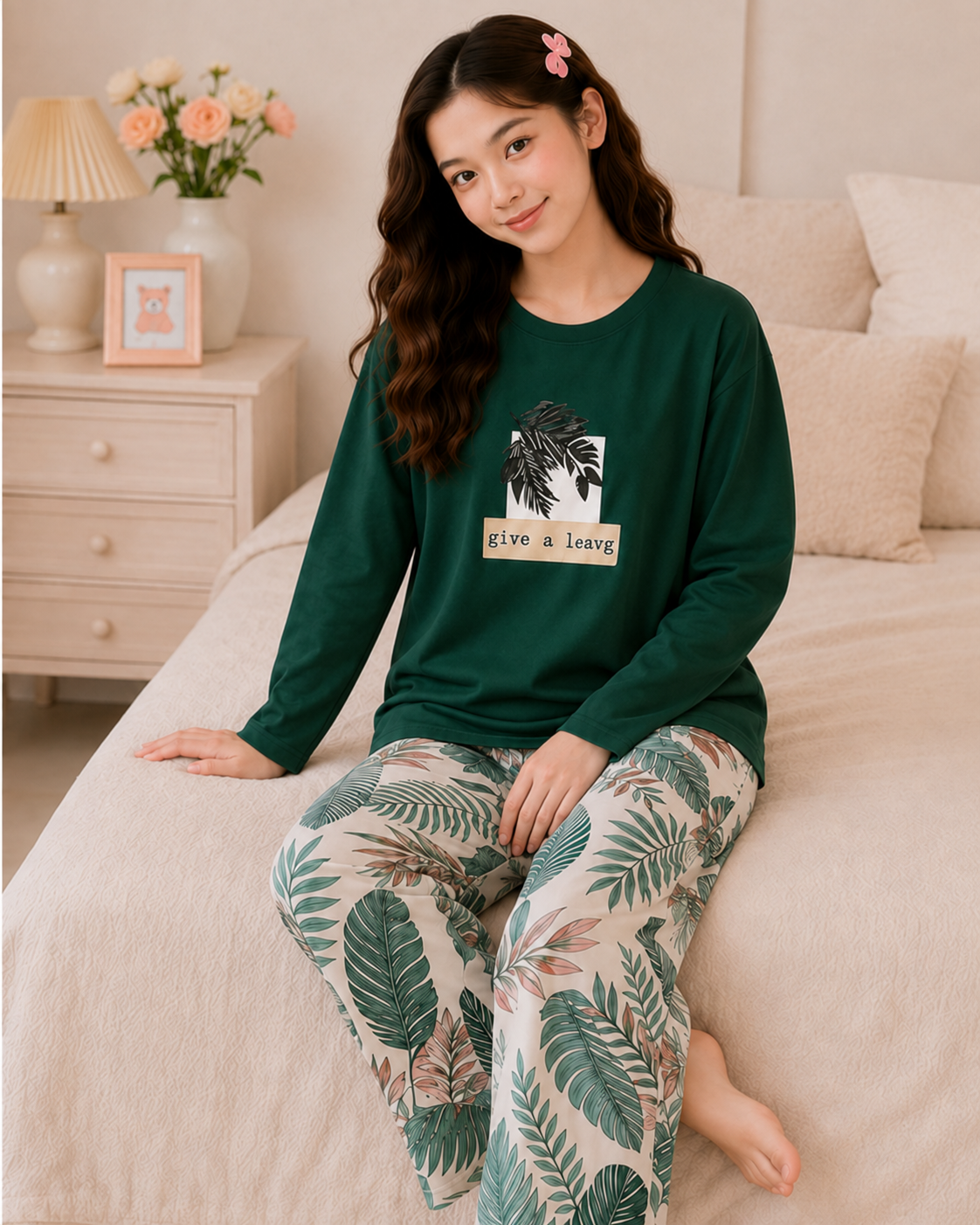Green Leaf  Full Sleeve Night Suit for Girls