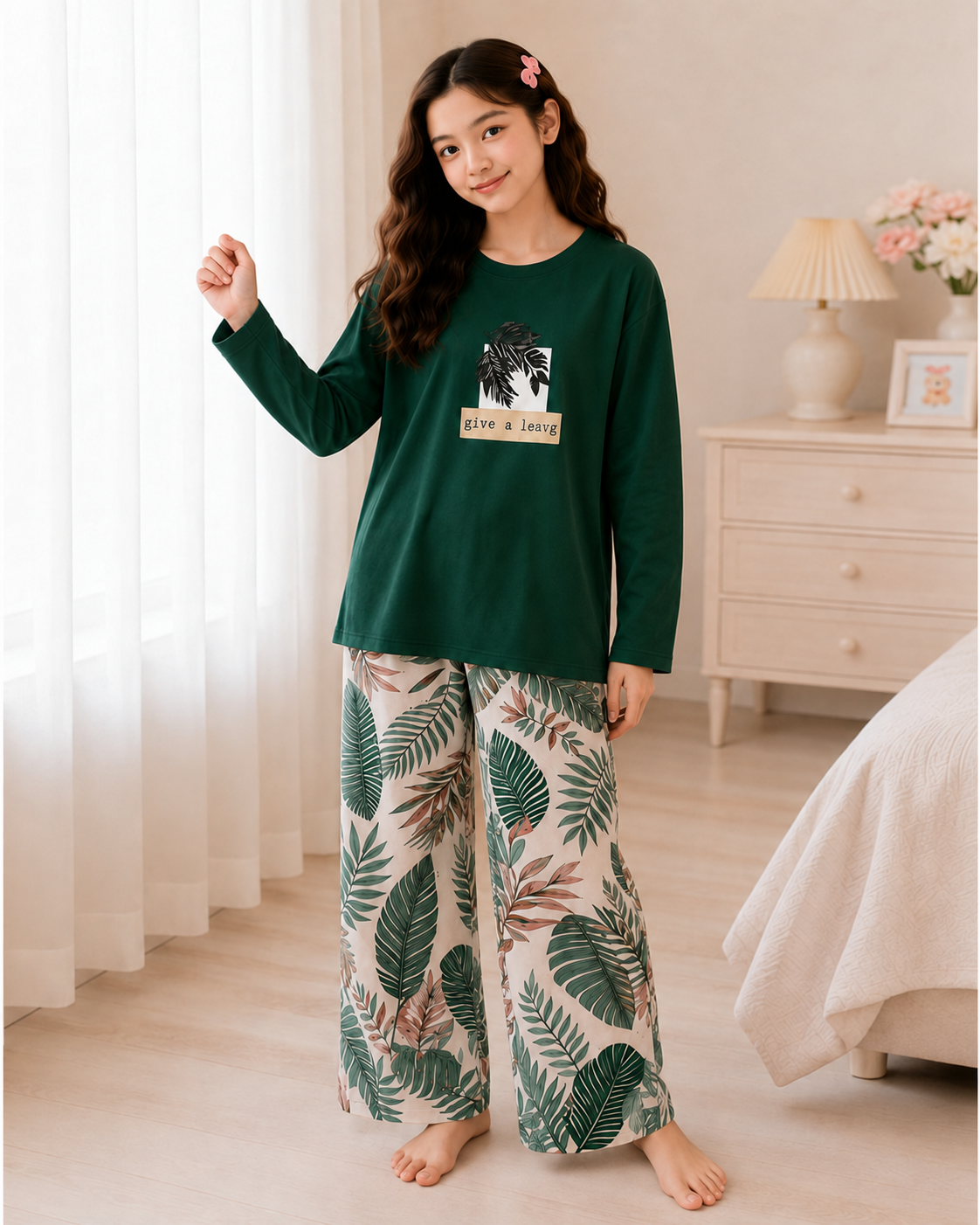 Green Leaf  Full Sleeve Night Suit for Girls