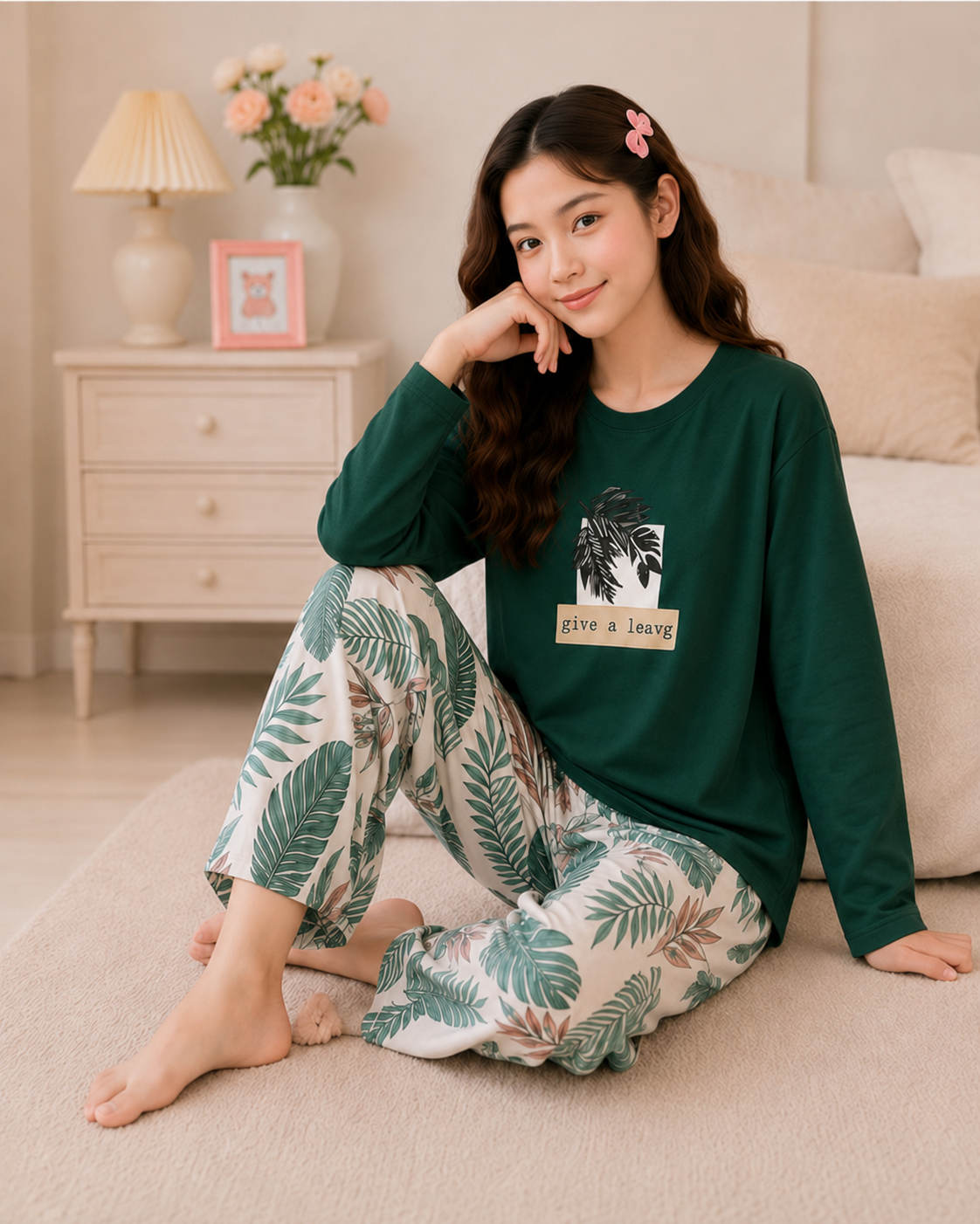 Green Leaf  Full Sleeve Night Suit for Girls