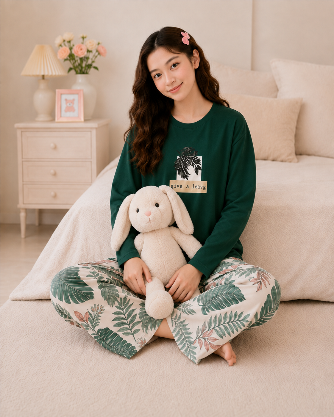 Green Leaf  Full Sleeve Night Suit for Girls