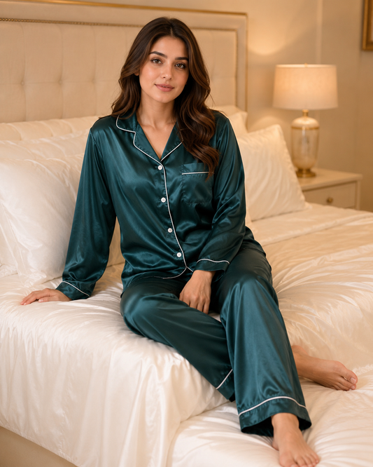 Green Silk Night Suit for Women and Girls