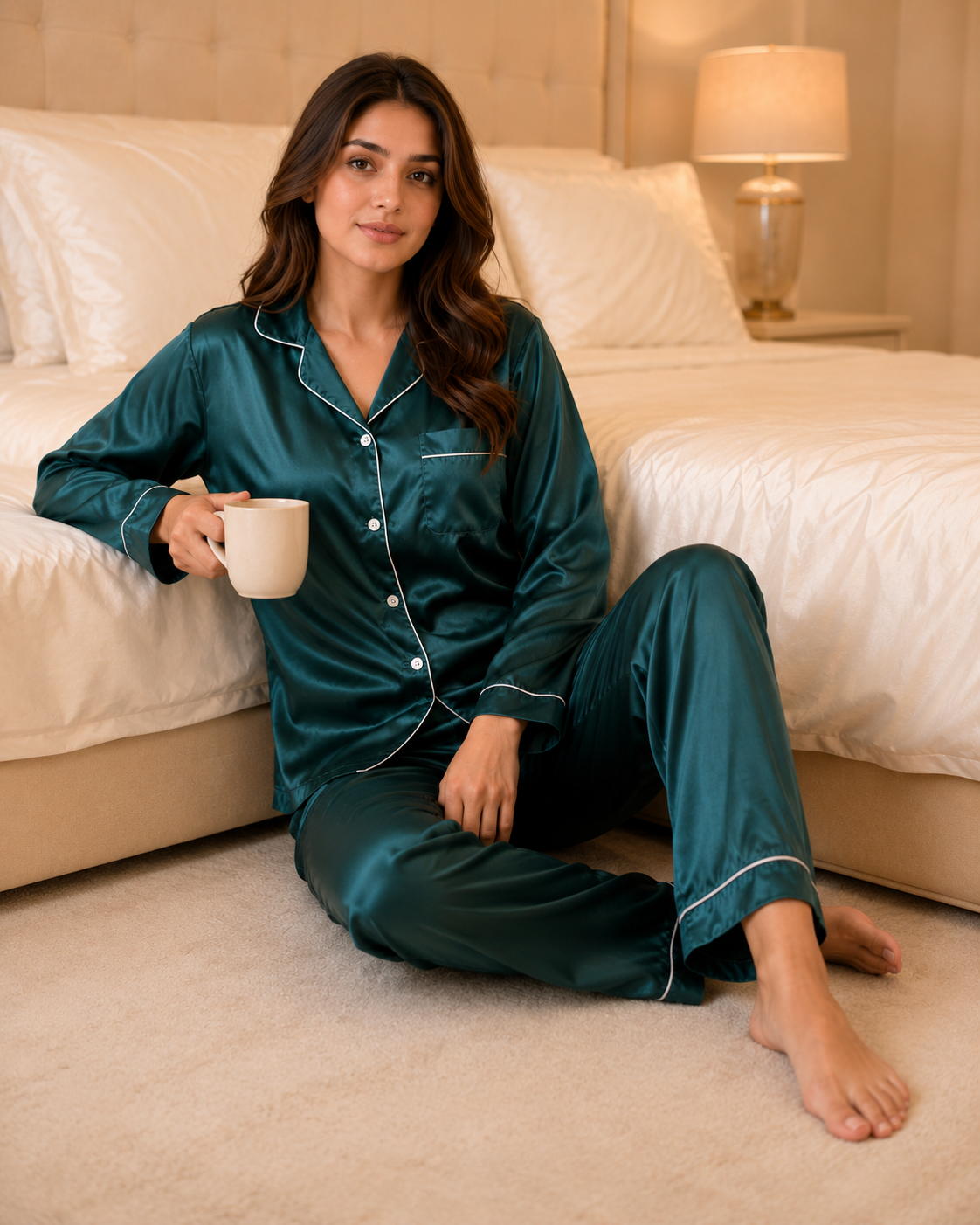 Green Silk Night Suit for Women and Girls