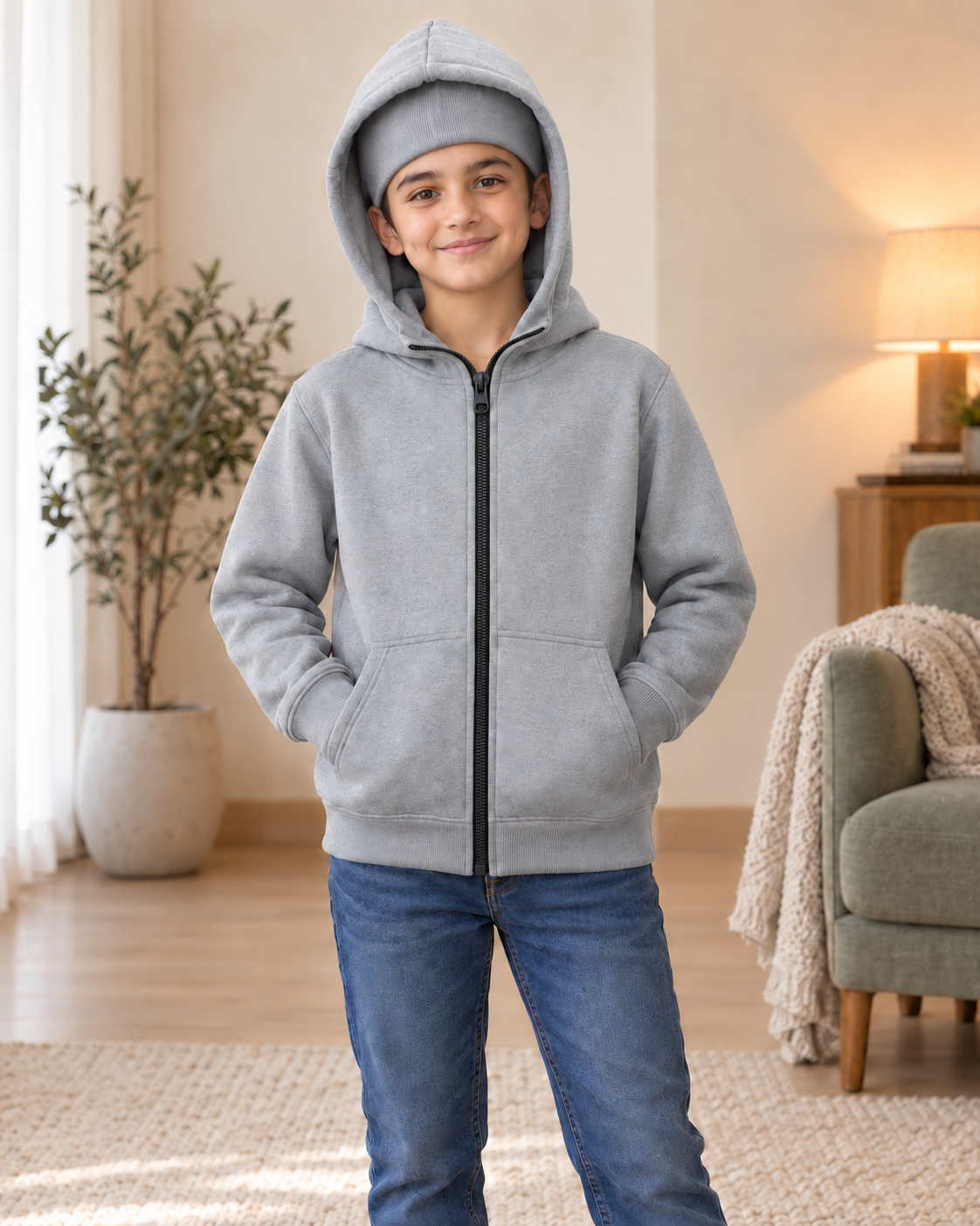 Kids Grey Ninja High-Zip Hooded Jacket