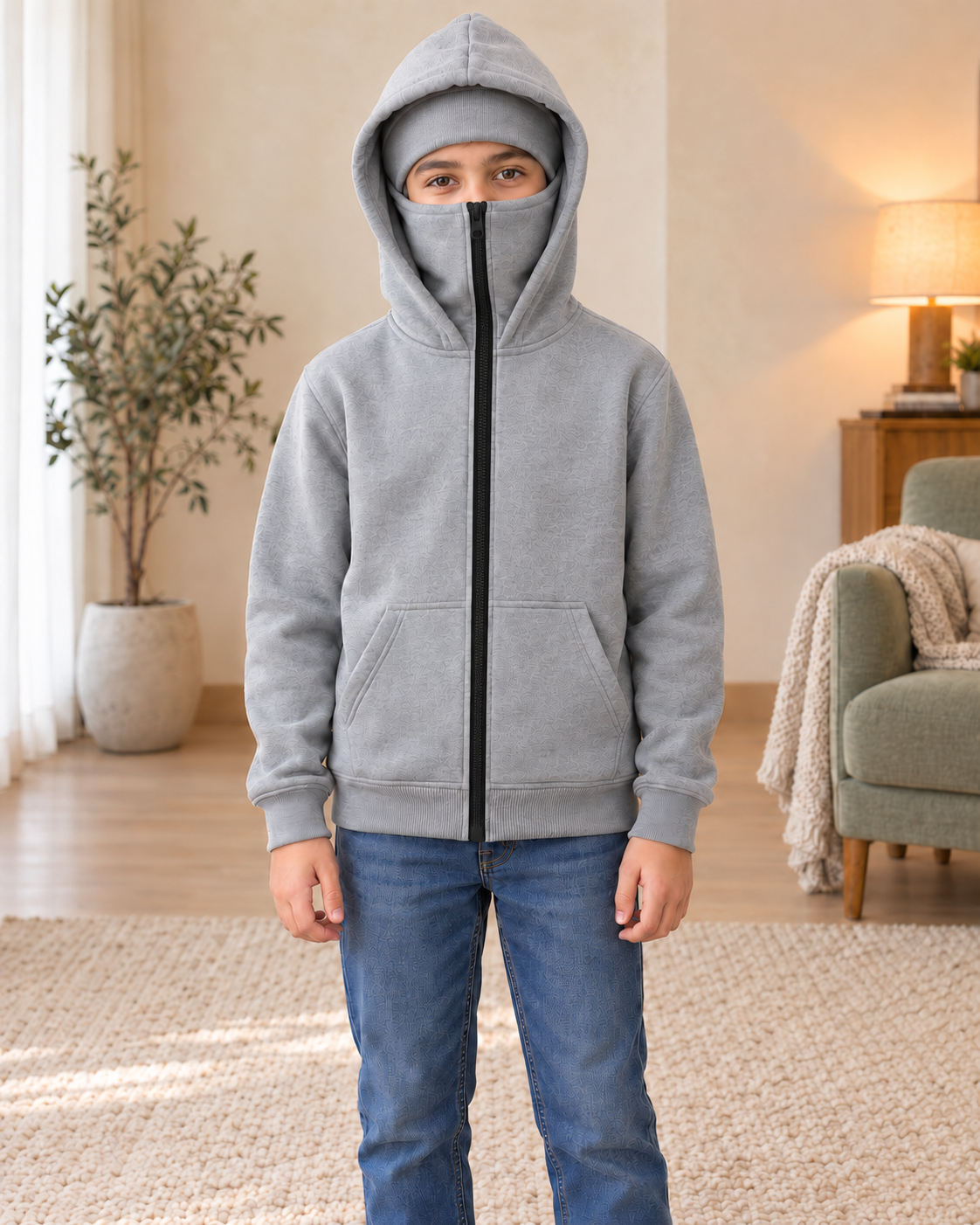 Kids Grey Ninja High-Zip Hooded Jacket