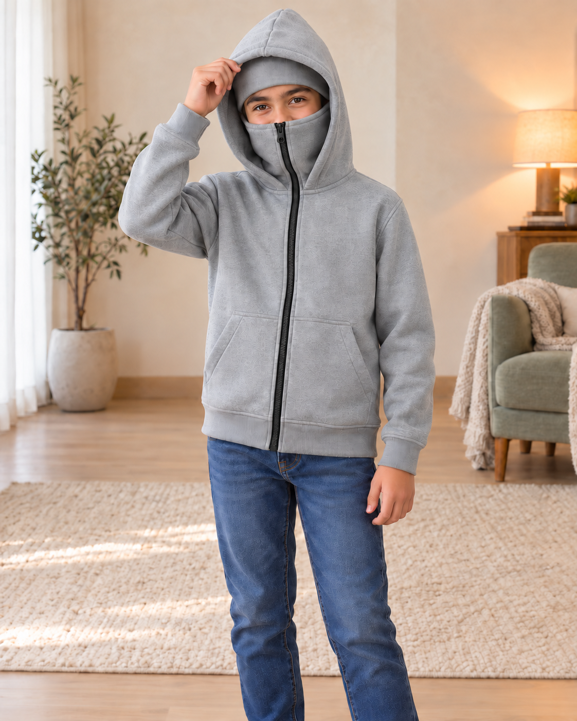 Kids Grey Ninja High-Zip Hooded Jacket