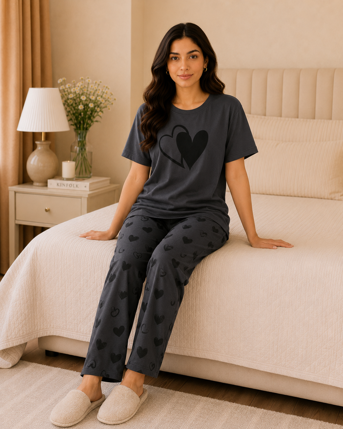 Grey Heart Printed Night Suit