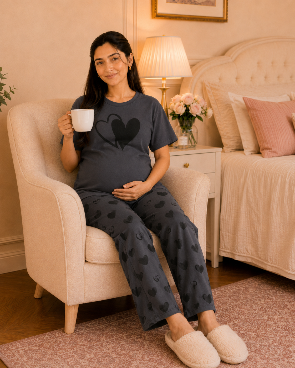 Grey Heart Maternity Cotton Night Suit