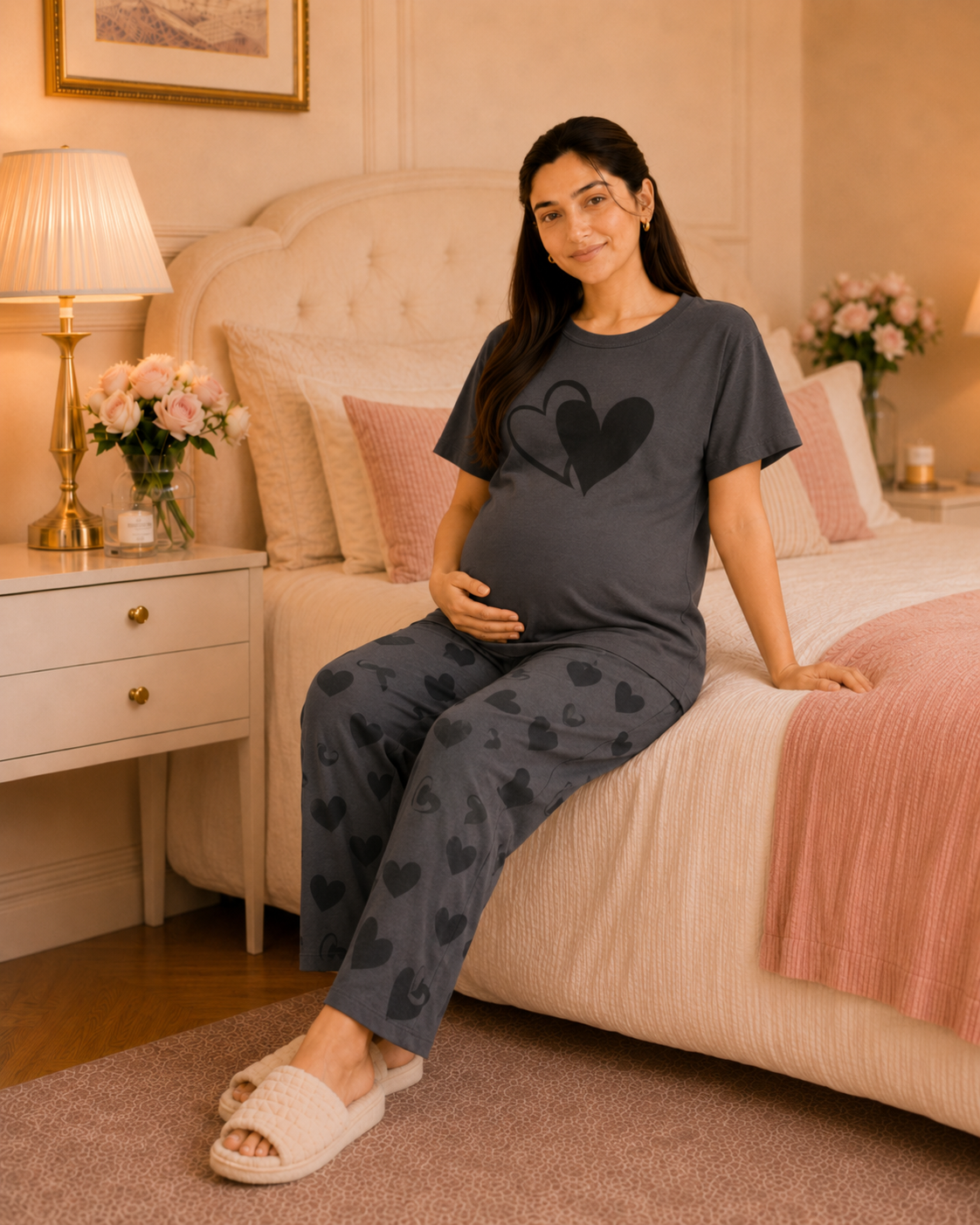 Grey Heart Maternity Cotton Night Suit