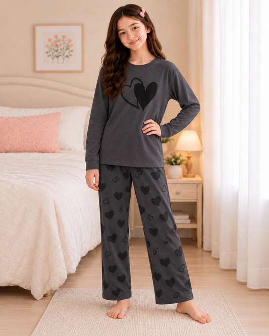 Grey Heart Full Sleeve Night Suit for Girls