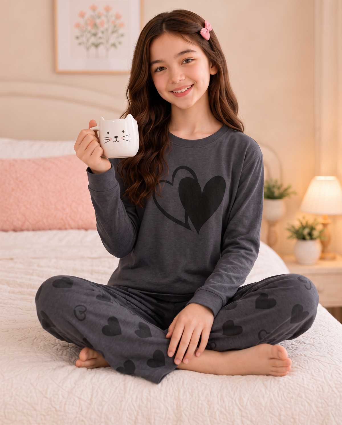 Grey Heart Full Sleeve Night Suit for Girls