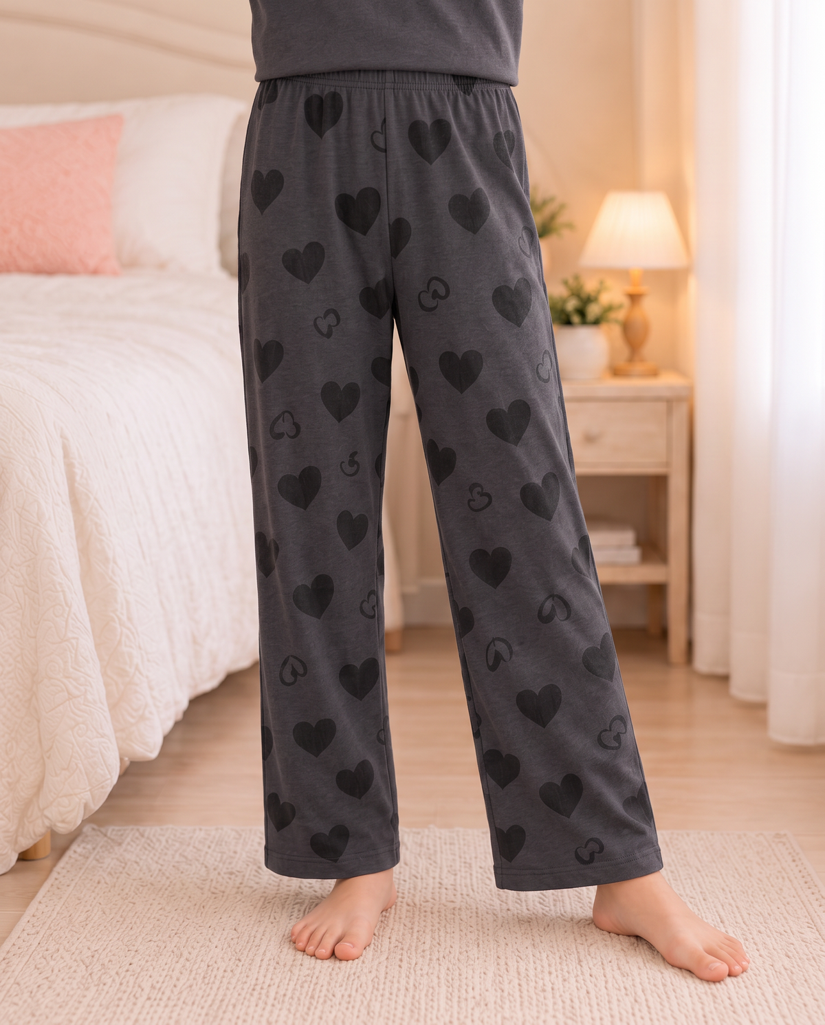 Grey Heart Full Sleeve Night Suit for Girls