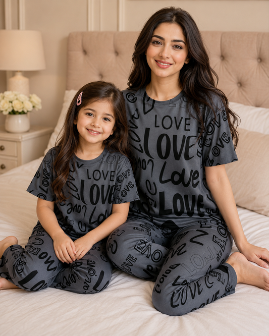 Grey Love Mom & Daughter Night Suit