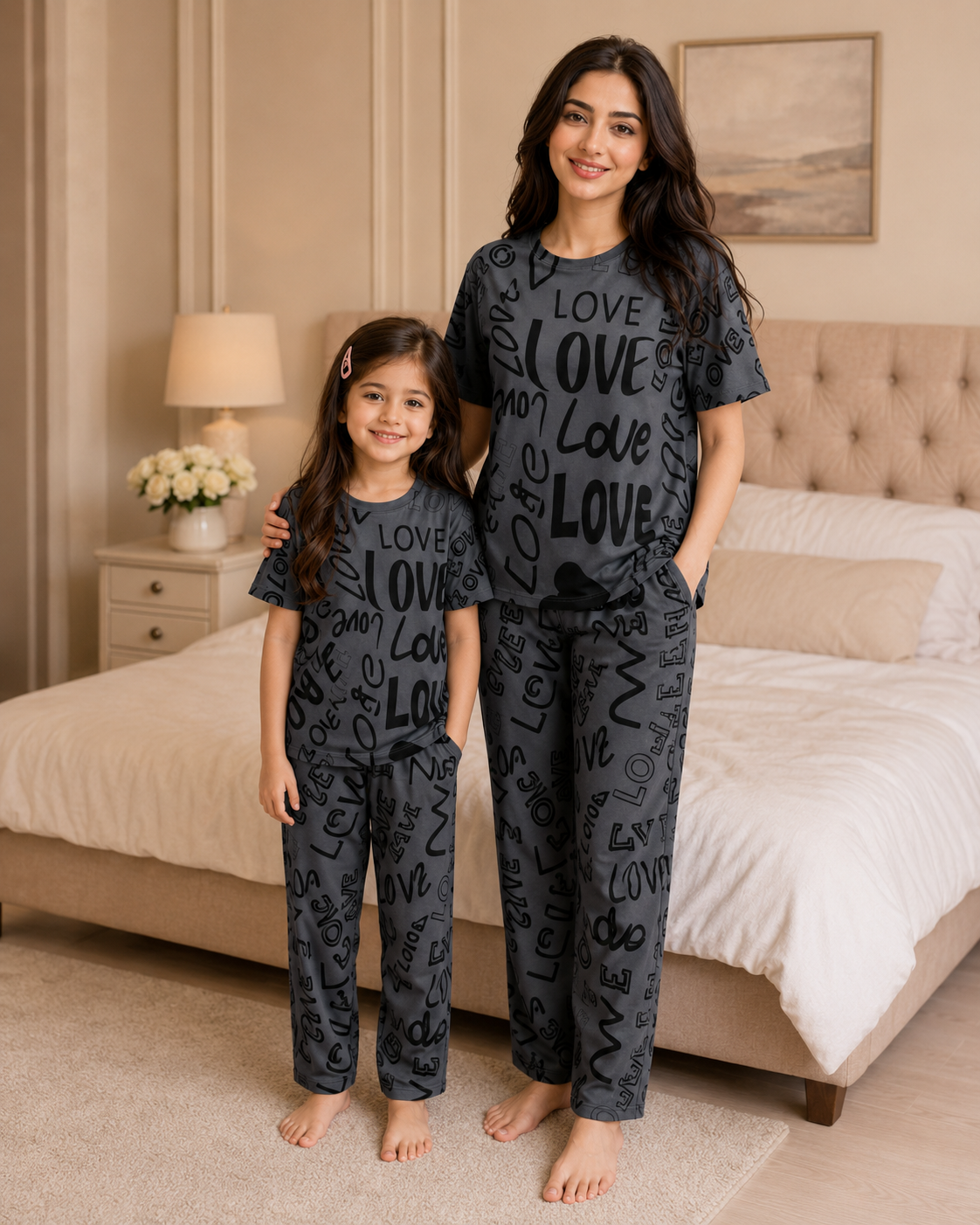Mom & Daughter Matching Cotton Night Suit – Grey Love