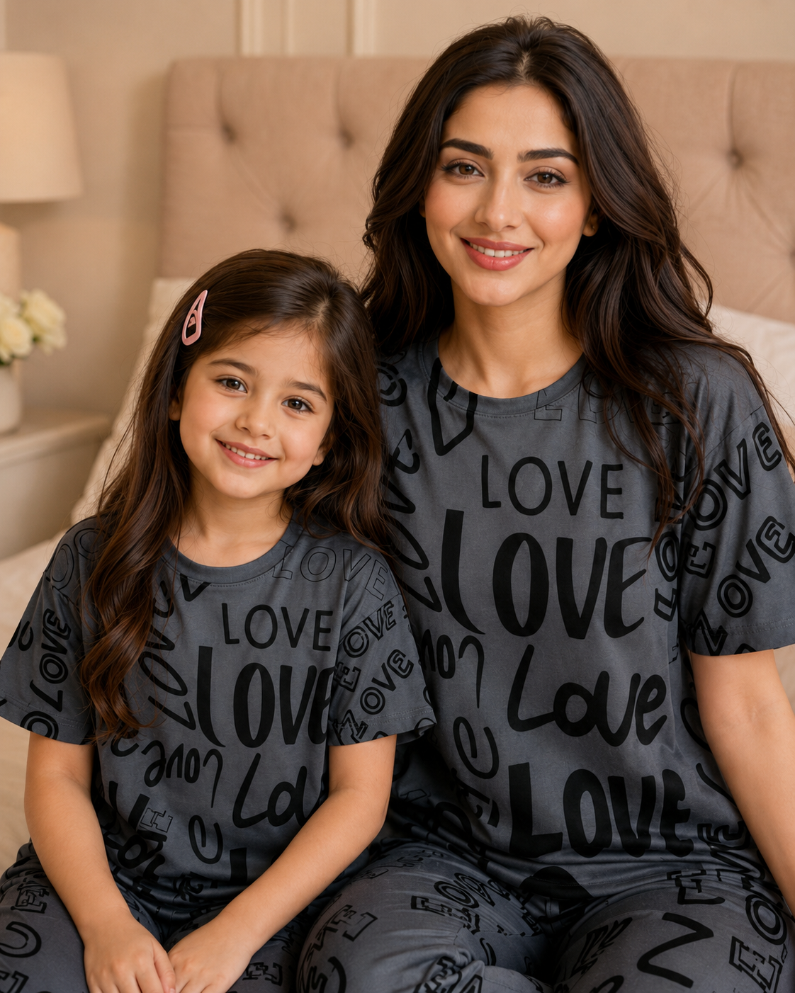 Mom & Daughter Matching Cotton Night Suit – Grey Love