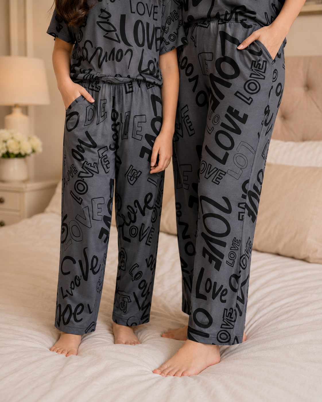 Mom & Daughter Matching Cotton Night Suit – Grey Love