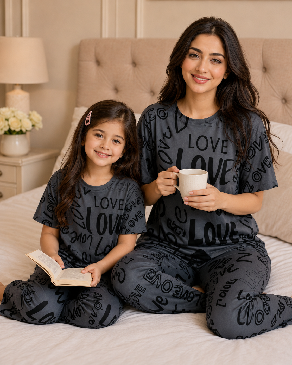 Mom & Daughter Matching Cotton Night Suit – Grey Love