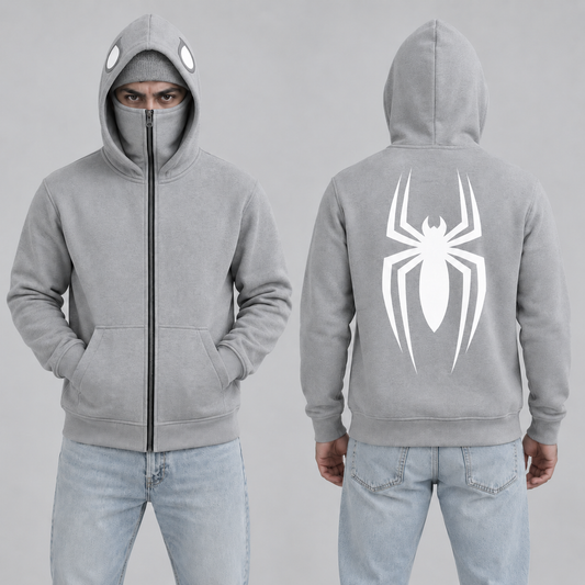Grey Balaclava Spider Back Print Fleece Hoodie