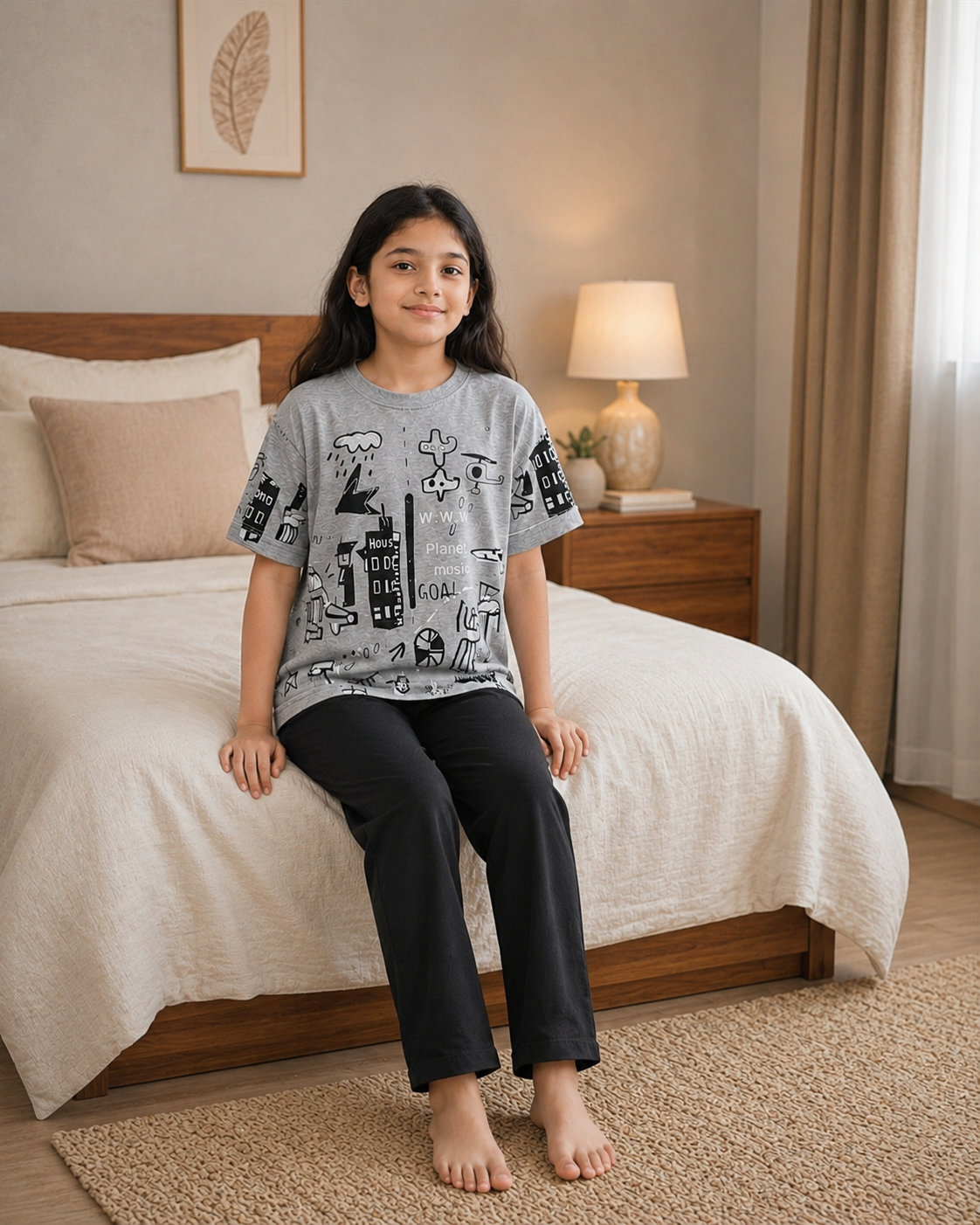 Grey Planet Printed Black T-shirt and red pajama