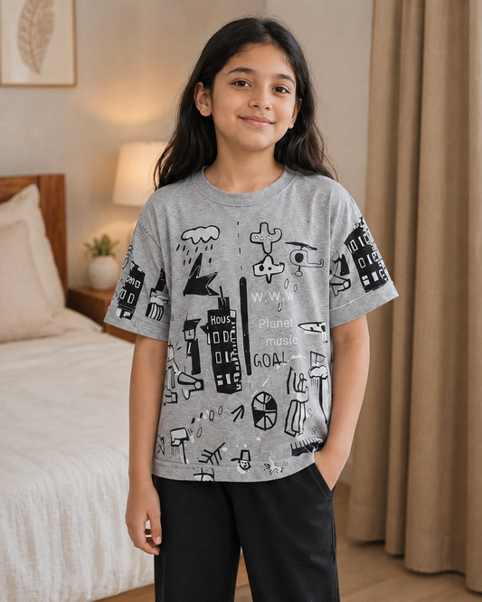Grey Planet Printed Black T-shirt and red pajama