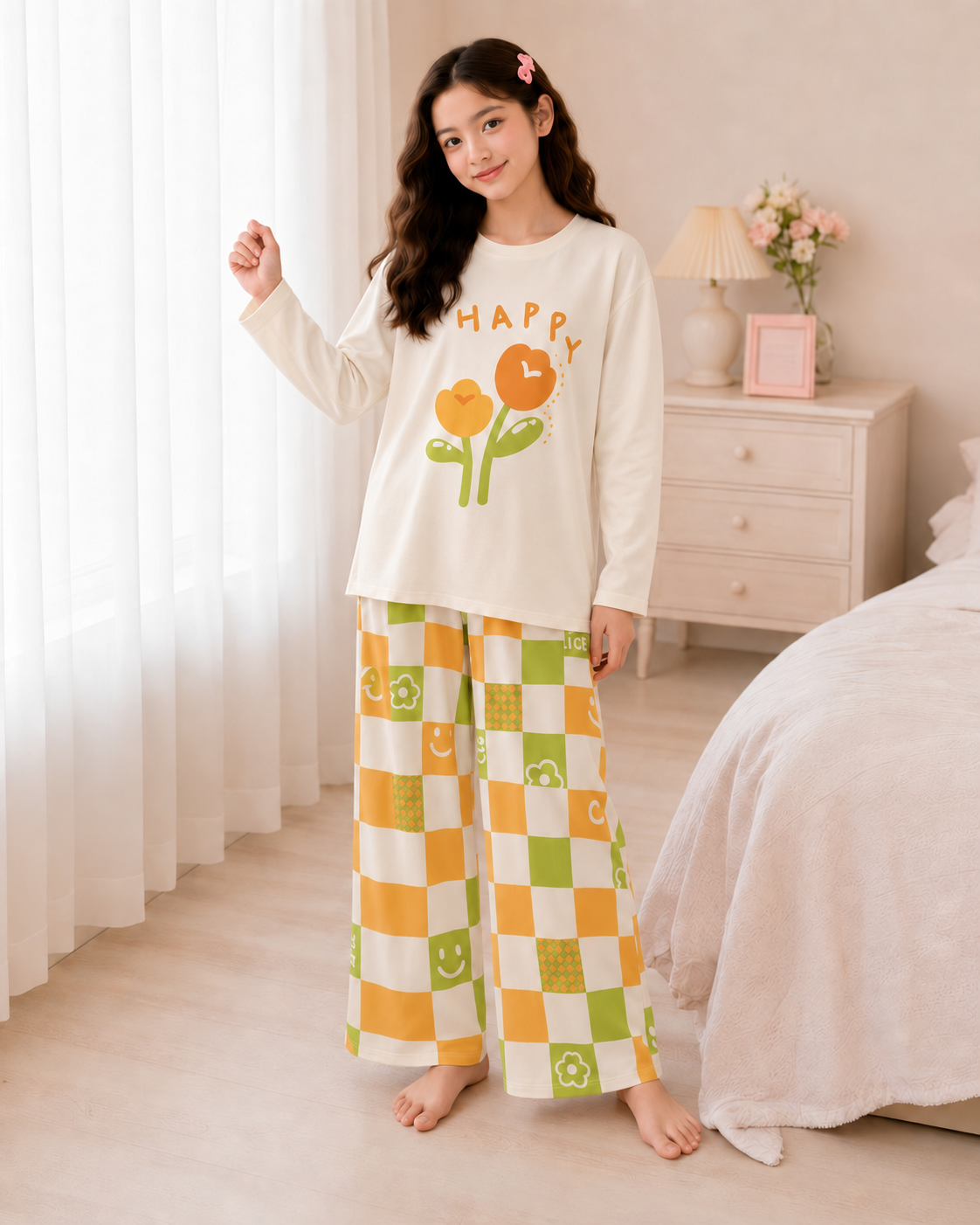 Happy Flower Full Sleeve Night Suit for Girls