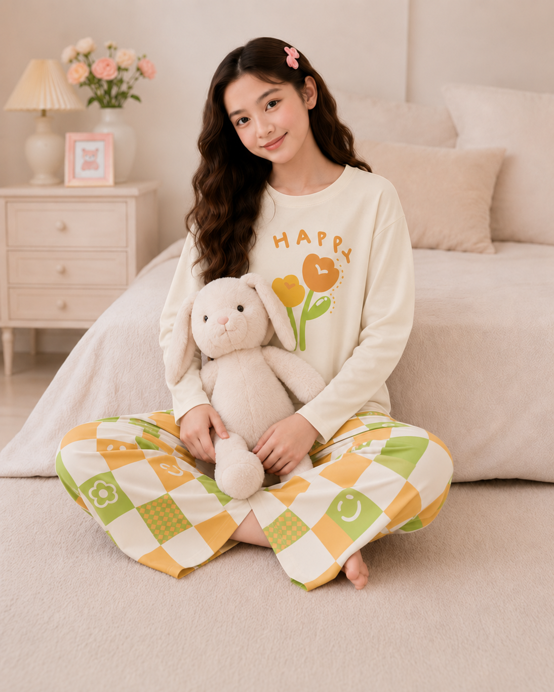 Happy Flower Full Sleeve Night Suit for Girls