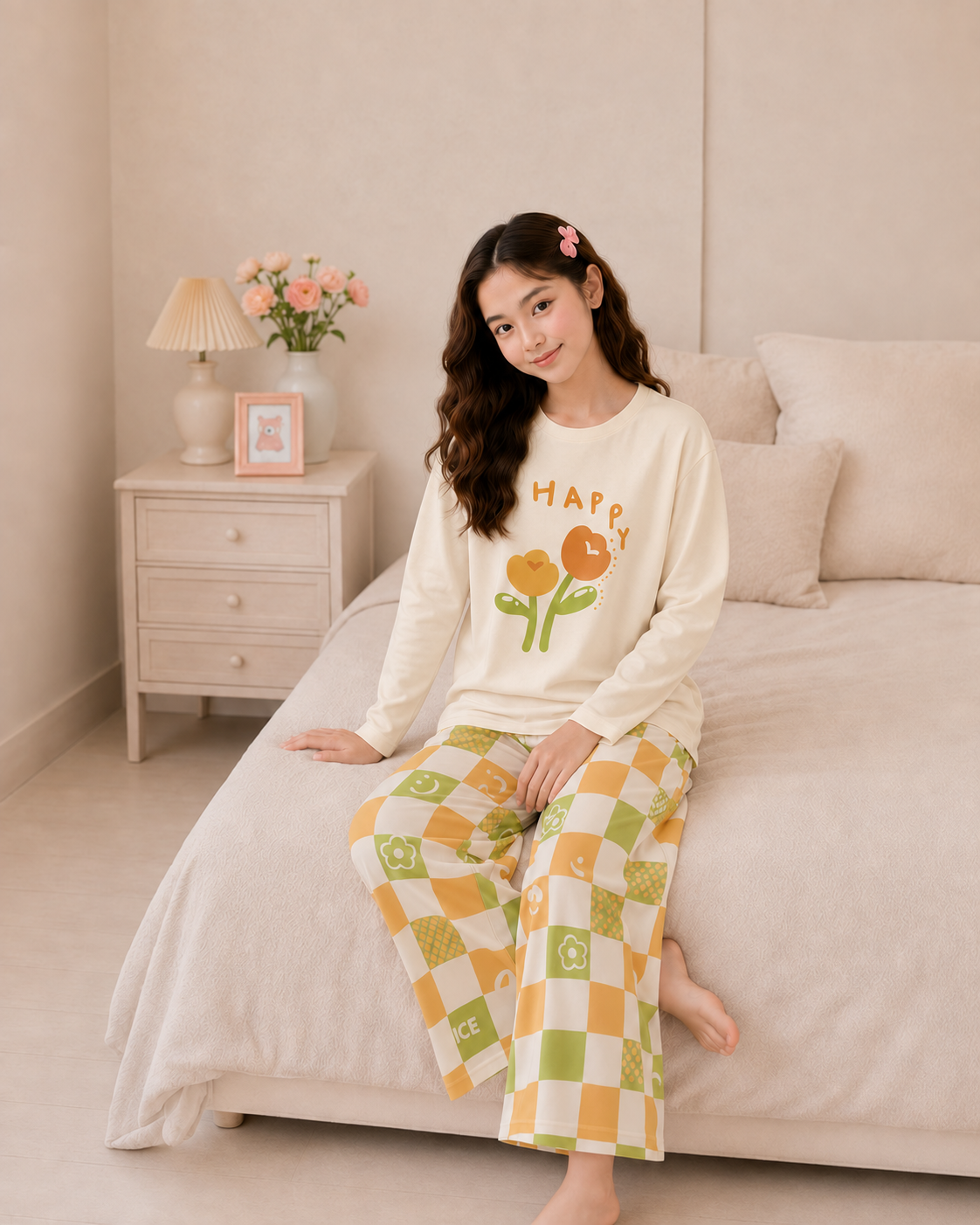 Happy Flower Full Sleeve Night Suit for Girls