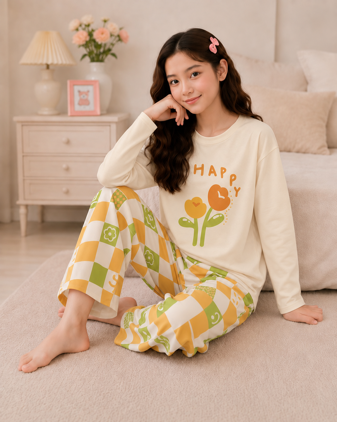 Happy Flower Full Sleeve Night Suit for Girls