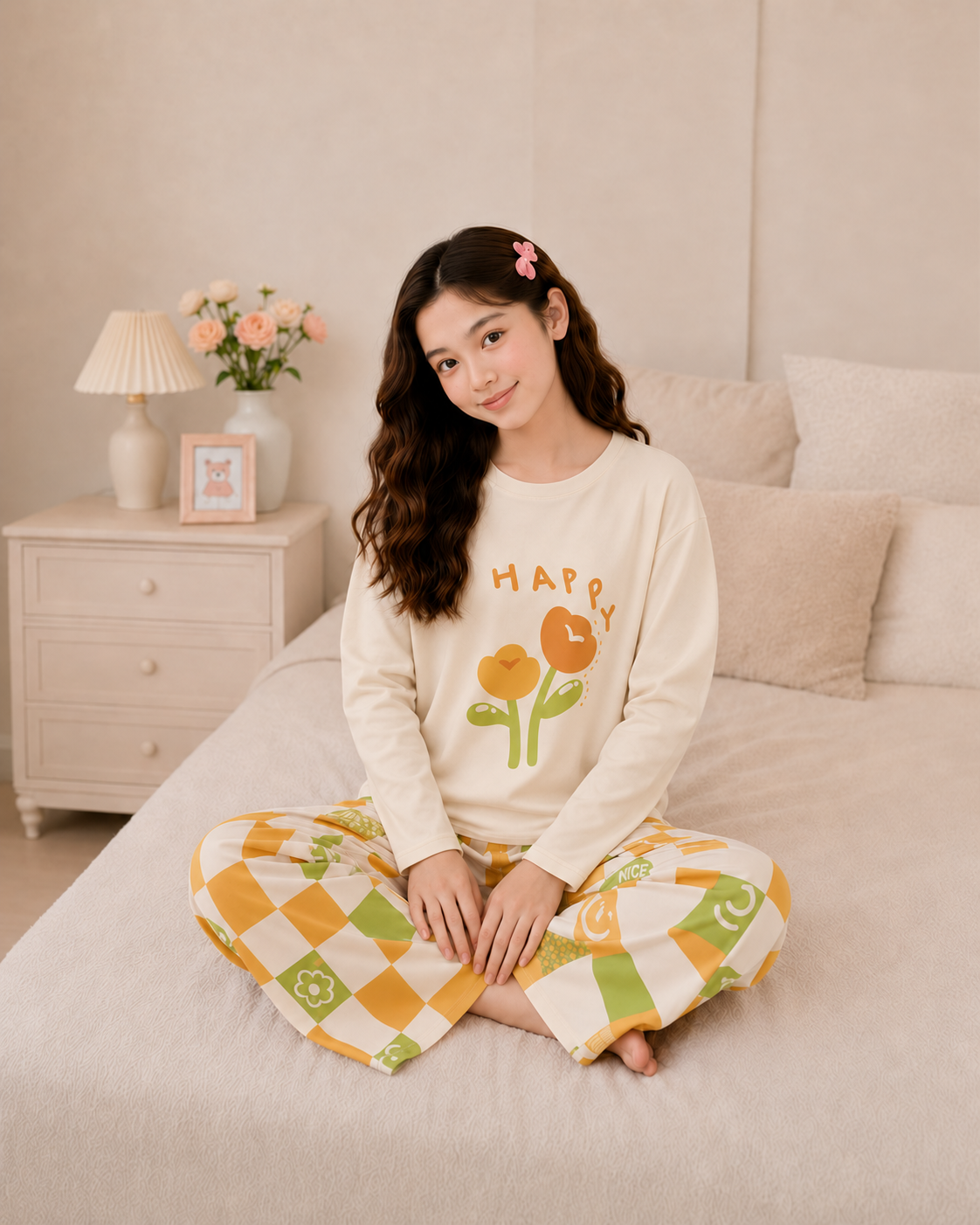 Happy Flower Full Sleeve Night Suit for Girls