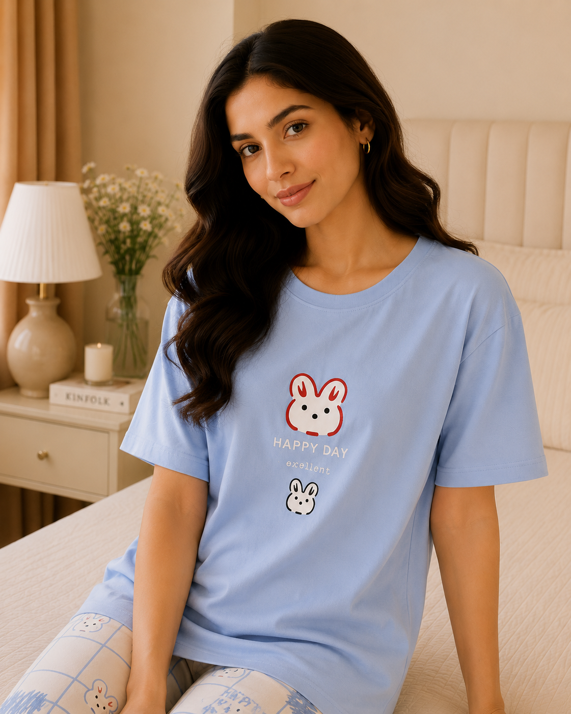 Happy Day Bunny Print Women Nightwear Set